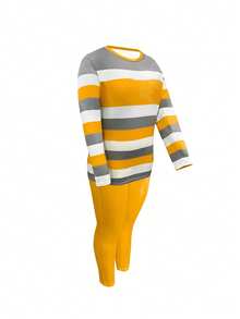 Plus Size Striped Long Sleeve Top And Solid Color Pants Set - Casual Polyester Blend With Pocket Detail, Medium Stretch Fabric, Round Neck Women'S Plus Size Outfit - 黃色 - 查看 3