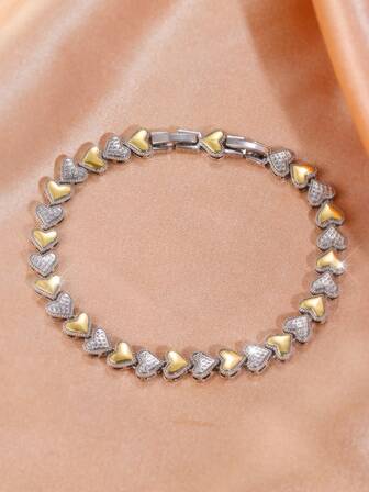 1 件金银色心形手链女式时尚黄铜链手链情人节生日派对嘻哈珠宝礼物送给女友妻子爱人