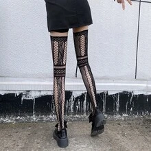 Sexy Lingerie A Hollow Ultra-Thin Mesh Over-The-Knee Socks, Hot Nightclub Royal Sisters, Black Silk Fishnets, Suspender Socks, Erotic Stockings - Black - View 6