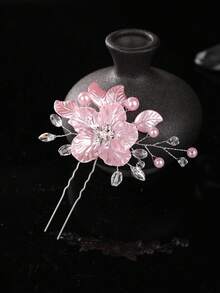 1pc New Korean Style Bridal Wedding Headpiece, Handmade Pink Shell Petal & Pearl Crystal Hair Clip Accessory