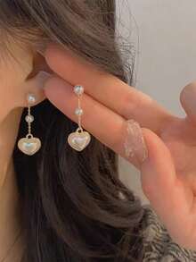 Faux Pearl Decor Heart Drop Earrings Valentines,Mom,Mother,Mother's Day,Gift - Bạc - Xem 1