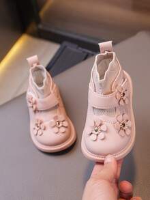 1 Pair Girls Flower Cute Baby Sock Boots, Leather Upper Anti-Slip Soft Sole Everyday Wear, Suitable For Autumn/Winter, Hook And Loop Design Toddler Booties - Pink - View 6