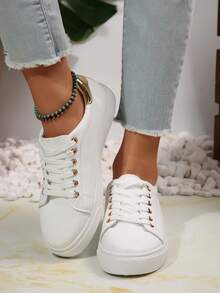 Sport Shoelace Metal Air Hole Home UseWomen's Fashion Casual Sneakers - Breathable & Comfortable, Low-Top Lace-Up Running Shoes With Striped Design, Versatile For All Seasons, Available In White/Green, Light Pink/Blue, Black/White, And Dark Blue/Blackbasket Femmechaussure Femmebaskets Femmes - White - View 6