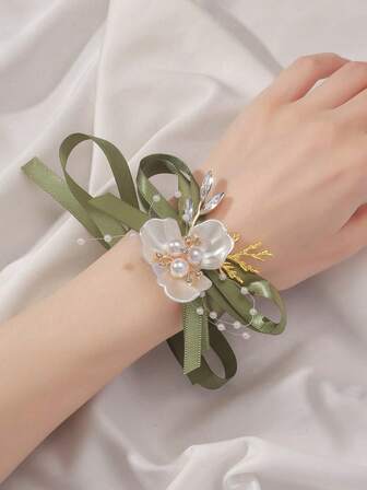 1 件白色三角叶配绿色丝带高端合金和串珠优雅新郎/伴郎腕花，适合新娘、伴娘、婚礼、舞会、派对装饰、日常穿着