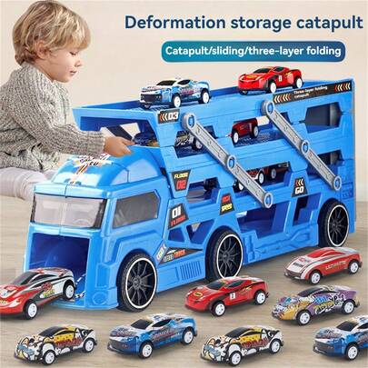 1 Set Kids Transformable Pressing Launcher Big Truck Track Playset, Multi-Function Toy Car Engineering Vehicle Foldable Race Track, Indoor Outdoor Interaction Toy Gift For 3-12 Years Old Boys Girls (Random Car Color & Sticker Pattern)