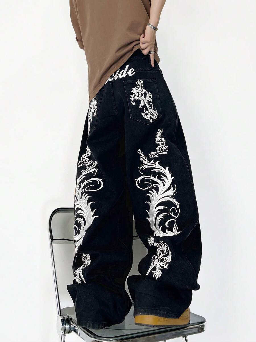 1条正义兄弟中国风刺绣牛仔裤，时尚百搭宽松阔腿裤男士 - 白色 - 查看 1