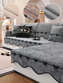 1pc Wavy Hem Solid Color Chenille Sofa Cover,Bowknott Decor Sofa Cushion, Minimalist Modern Style, Suitable For Bedroom, Living Room, Office Home Decor, Fits Single, Loveseat, 3-Seater, 4-Seater And Sectional Sofas