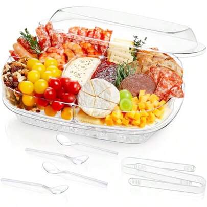 Lifewit Chilled Serving Tray With Lid 15" Party Platter With 6 Ice Cube Tray Divided Serving Bowl For Taco Fruit Salad Mimosa Bar Supplies Veggie Sushi Charcuterie In Party Buffet
