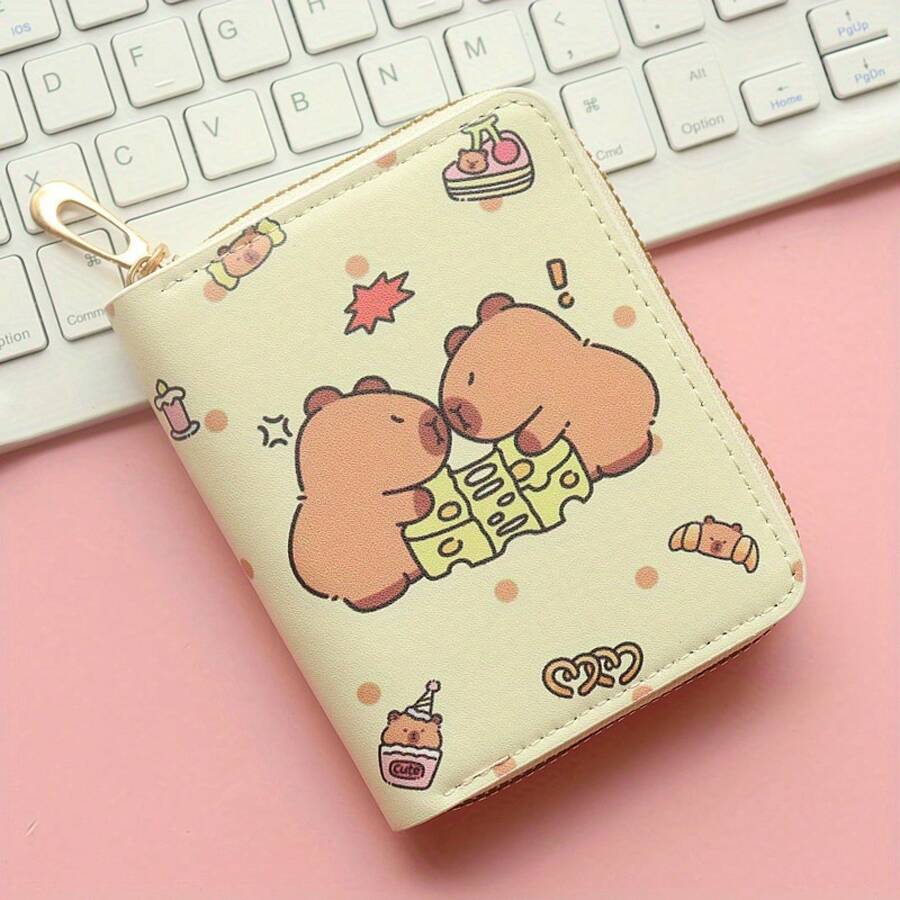 Kapibara Printed Compact Wallet - High-Quality Faux Leather, Lightweight With ID Window And Coin Pocket, Fade-Resistant Design, Double-Layer Folding Zipper Compartment Suitable For Daily Essentials (Brown), Compact Coin Wallet| Fun Accessories| Durable Zipper Wallet, Small Bag And Wallet Combination - Capybara Pastry Series - View 1