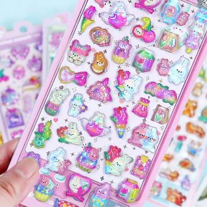 1张热销3D立体浮雕贴纸，卡通动物糖果DIY水晶贴纸，卡通动物奇幻主题创意贴纸，儿童奖励装饰贴纸，多种款式可选，适用于水机、计划本、笔记本、杯子等装饰品。[部分图案随机，可能存在色差]