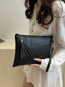 柔软质感复古女士手提包，2025新款纹理设计腋下包，时尚流苏褶皱单肩包，信封腕包【拼布位置随机】 - 黑色 - 查看 2