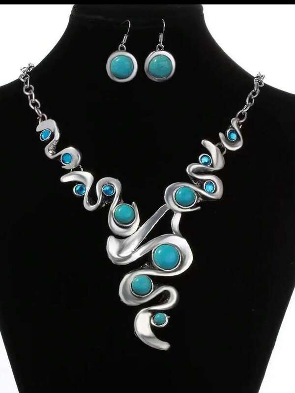 مجموعة مجوهرات قلادة وأقراط من سبيكة الزنك الأزرق الفيروزي الأنيقة 3 قطع