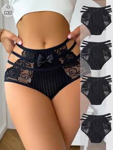 4 Pieces MID-Waist Lace Briefs Bow Decoration Transparent Perspective Temptation Panty Women Transparent Perspective Temptation - Black - View 1