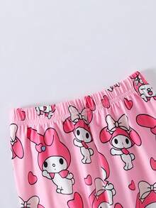 Sanrio 两件套三丽鸥旋律印花女童睡衣套装，包括圆领长袖T恤和裤子，面料舒适，适合休闲、居家、节日、万圣节、圣诞节等场合，是送给青少年女孩的理想礼物。 - 粉色 - 查看 5