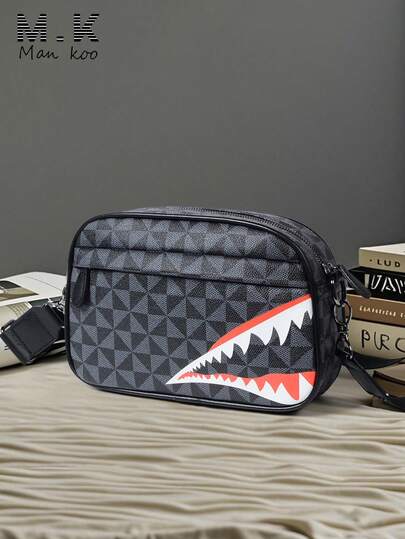 New Arrival Men's Cool Windmill Shark Mouth Messenger Bag, Casual Large Capacity Youth Gift Square Crossbody Bag, Geometric Pattern Street Style Versatile Small Sling Bag