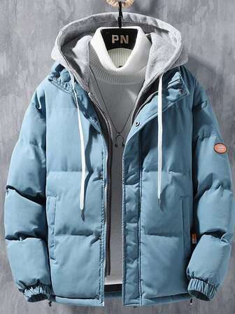 מעיל ארוך שרוולים מעובה וחם לגברים, 2 ב-1, צווארון עומד, קז'ואל, ביגוד חיצוני זוגי עם קפוצ'ון, סתיו/חורף