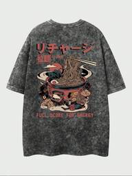 Shwiy Men's Vintage Distressed Effect Street Casual Ramen Graphic & Letter Print Short Sleeve T-Shirt, Emo, 2000s Style