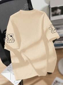 Girls' Casual Comfortable Black Bear Graphic Print T-Shirt, Cute & Fun Design For Teenagers - Apricot - View 2