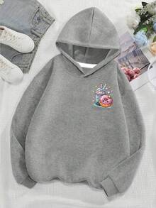 Teenage Girl Boba Tea & Donut Print Warm Loose Sweatshirt - Comfortable Long Sleeve Casual Pullover, Machine Washable, Daily Essential, Oversized Fit, Suitable For School, Vacation, Shopping, Sports And More - Grey - View 3