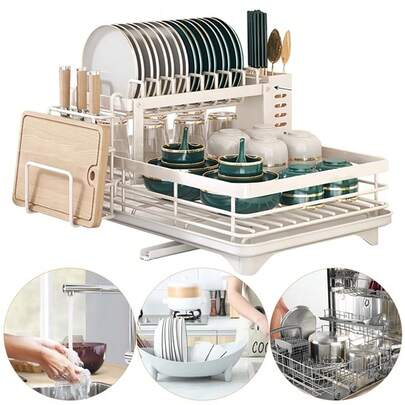 2025 Updated,2 Tiers Dish Drain Rack, Big Capacity, Carbon Steel, Automatic Drain, With CuttingBoard Rack And Holder, Kitchen Organizer, Store Bowls, Plates, Dishes, Cups, Spoons, Forks,Knives