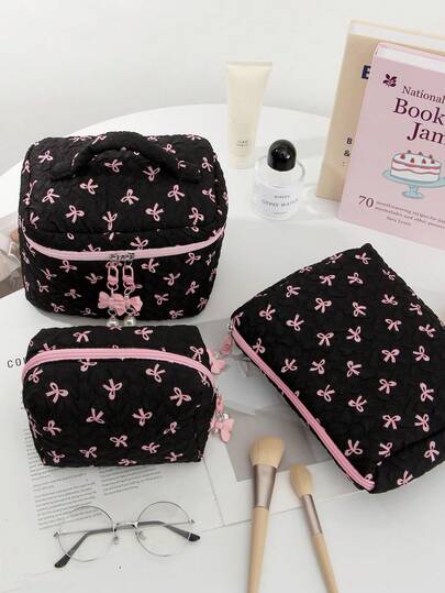 1 New-Style Bow Makeup Bag – A Large-Capacity Clutch Bag, Handheld Toiletry Bag, And Storage Bag For Women To Hold Cosmetics & Lipsticks. This Bag Can Store Makeup Brushes, Skincare Products, Lipsticks, And Hair Accessories. It Can Also Be Used As An Essential Travel Accessory And Is A Foldable, Stylish Makeup Bag.