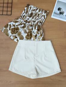 Women's Two Piece Set, Strapless Printed Top And Plain Shorts, Casual Summer Outfit - 駝色 - 查看 3