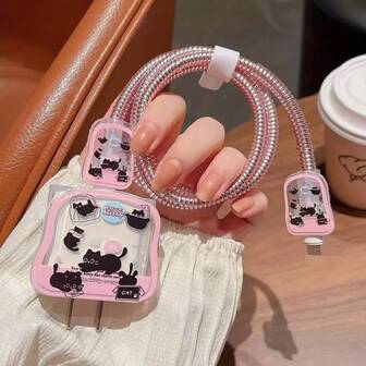 5pcs Pink Edged Cartoon Black Cat TPU Soft Case With Anti-Drop Strap, Compatible With Apple 20W Charger, Perfect Holiday Gift For Friends