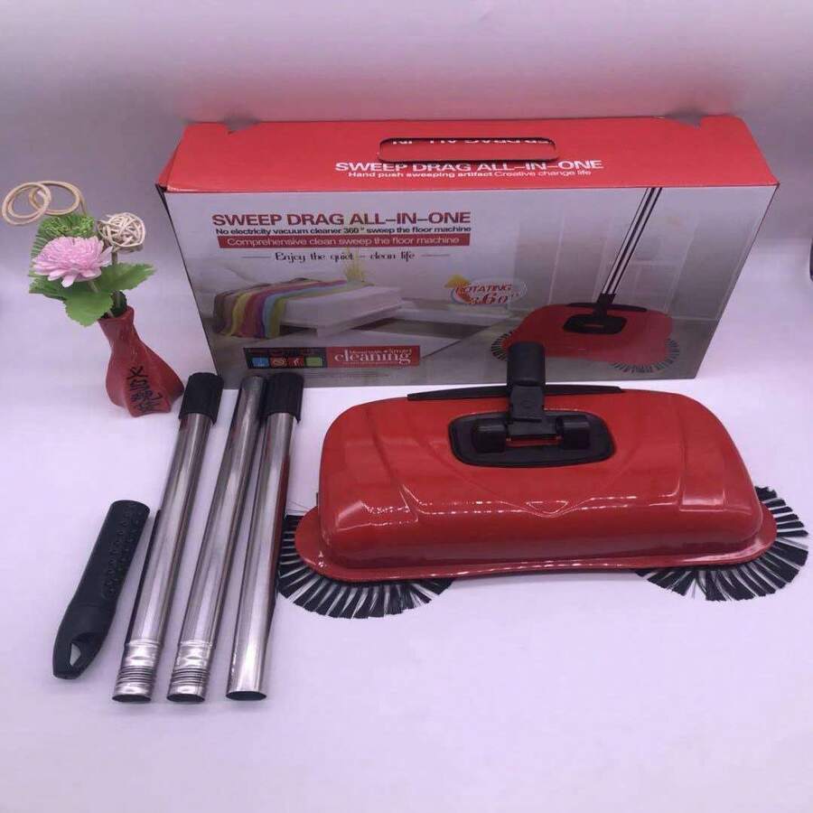 Barredora de suelos multi funciona  con escoba giratoria conmango,limpiador de empuje manual - Rojo - Ver 1