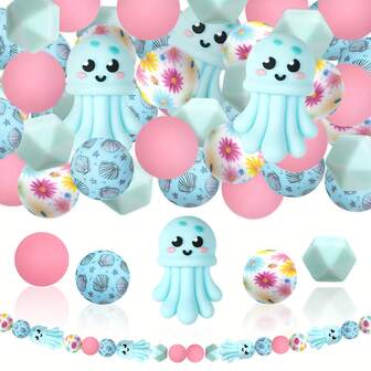 25pcs Silicone Bead Set, 3D Jellyfish & Shell Printed Silicone Beads, Ocean Theme Silicone Beads For Jewelry Making, Earrings, Necklaces, Bags, Pens, Phone Chains, Makeup Brushes, Keychains, DIY Crafts, Suitable For Teacher's Day, Thanksgiving, Christmas Gifts