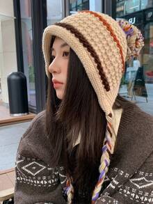 1pc Women's Winter Handmade Tassel Knit Hat, Autumn & Winter Warm Ear Protection Fashionable Beanie, Suitable For Daily Wear, Shopping And Skiing