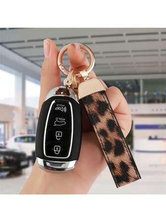 1pc Leopard Print Leather Car Key Chain, Unisex Key Holder Accessory
