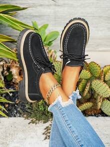 New Women Thick Sole Casual Sneakers, Fashion Simple Lace-Up Thick Bottom Flats, Suitable For Everyday Casual Wear In All Seasons - Black - View 6