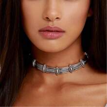 1pc Fashionable Alloy Inlaid Turquoise Vintage Design Necklace, Bohemian Style Resort Personalized Short Choker Luxury Necklace Accessory - Antique Silver - View 3