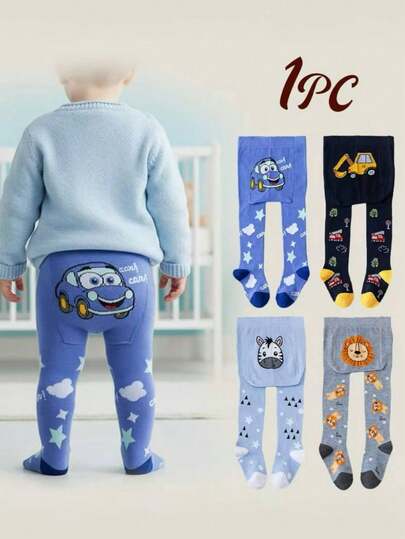 1 คู่ กางเกงเลกกิ้งเด็กชายวัยเตาะแตะสำหรับฤดูใบไม้ร่วงและฤดูหนาว ลายสัตว์ ความหนาปานกลาง เหมาะสำหรับใส่กลางแจ้ง กางเกงรัดรูปเอวยางยืดเด็กผู้ชาย - สวมใส่สบายตลอดวัน