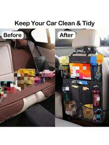 Car Backseat Organizer With 10" Table Holder, 9 Storage Pockets Seat Back Protectors Kick Mats For Kids Toddlers, Travel Accessories,