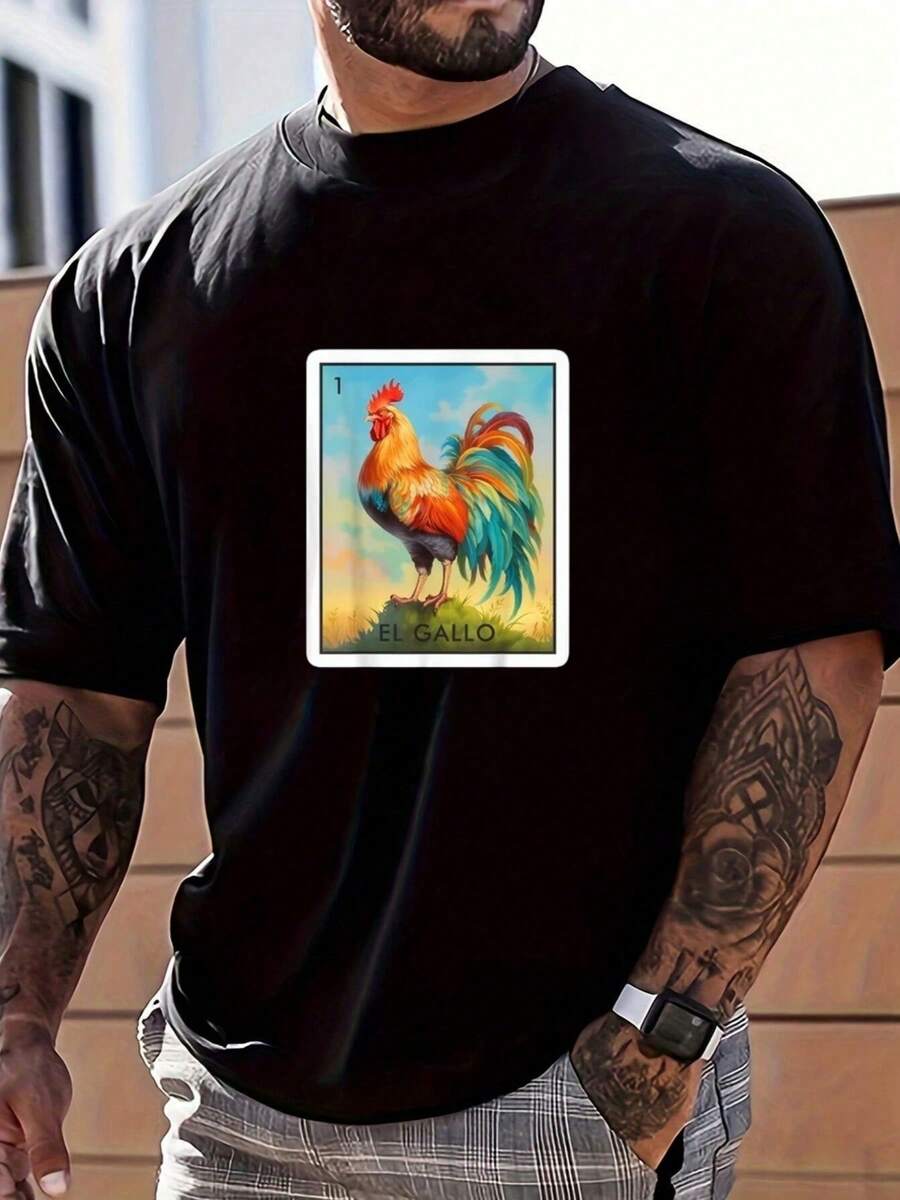 Camiseta El Gallo, dise?o de lotería mexicana,Camiseta informal playeras casuales de hombre,Impresión gráfica,100 % algodón,envio nacional,disfraz halloween hombre - Negro - Ver 1