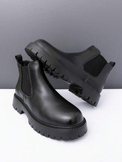 男士高帮切尔西皮靴，黑色，厚底，牛仔靴，套穿式踝靴，适合夏季，男士英伦风靴子，透气，套穿式，奢华西装切尔西高帮摩托车靴，新款百搭鞋，英伦风，摄影工作室设计师皮鞋，男士骑马靴，商务正装靴，大头皮鞋，婚纱踝靴，舒适时尚工作靴