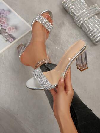 1 Pair Girls/Teens Crystal Heel Sandals, Round Toe Fish Mouth Open Toe Chunky Heel Shoes With 2 Rhinestone Straps, Slip-On High Heels, PU Material, Comfortable & Non-Slip, 8.5cm Heel Height, Suitable For Teens, Holiday & Outdoor Wear, Spring/Summer 2025 New Arrival