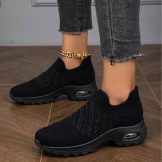 Women's Black & Pink Slip-On Slouchy Shoes, Knitted Cushioned Shock-Absorbing Sock Shoes, Casual Sports Dance Shoes