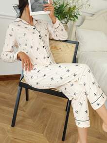 Women's Casual Sleepwear Lounge Set, Lapel Ribbedd Bow Print Long Sleeve Top And Pants, Cozy & Sweet Home Outfit, Spring/Autumn, Winter Clothes - Multicolor - View 5