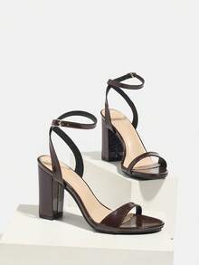 Giày sandal cao gót nữ, thanh lịch và quyến rũ, thiết kế quai ngang mắt cá chân, bề mặt bóng loáng, gót vuông chắc chắn, mũi tròn, đa năng cho các dịp thường ngày, dự tiệc, du lịch, thích hợp cho mùa xuân/hè. - Cà phê nâu - Xem 6