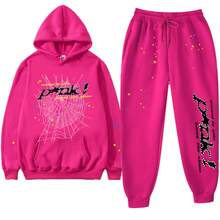 Spider Web 55555 Men's 2025 Graphic Letter Print Sweatshirt & Jogger Pants Set, Oversized Knit Sweater With Cuffed Hem, Casual Streetwear Tracksuit, Y2K Autumn Winter Loungewear - Y玫紅色粉網黑pink - 查看 1