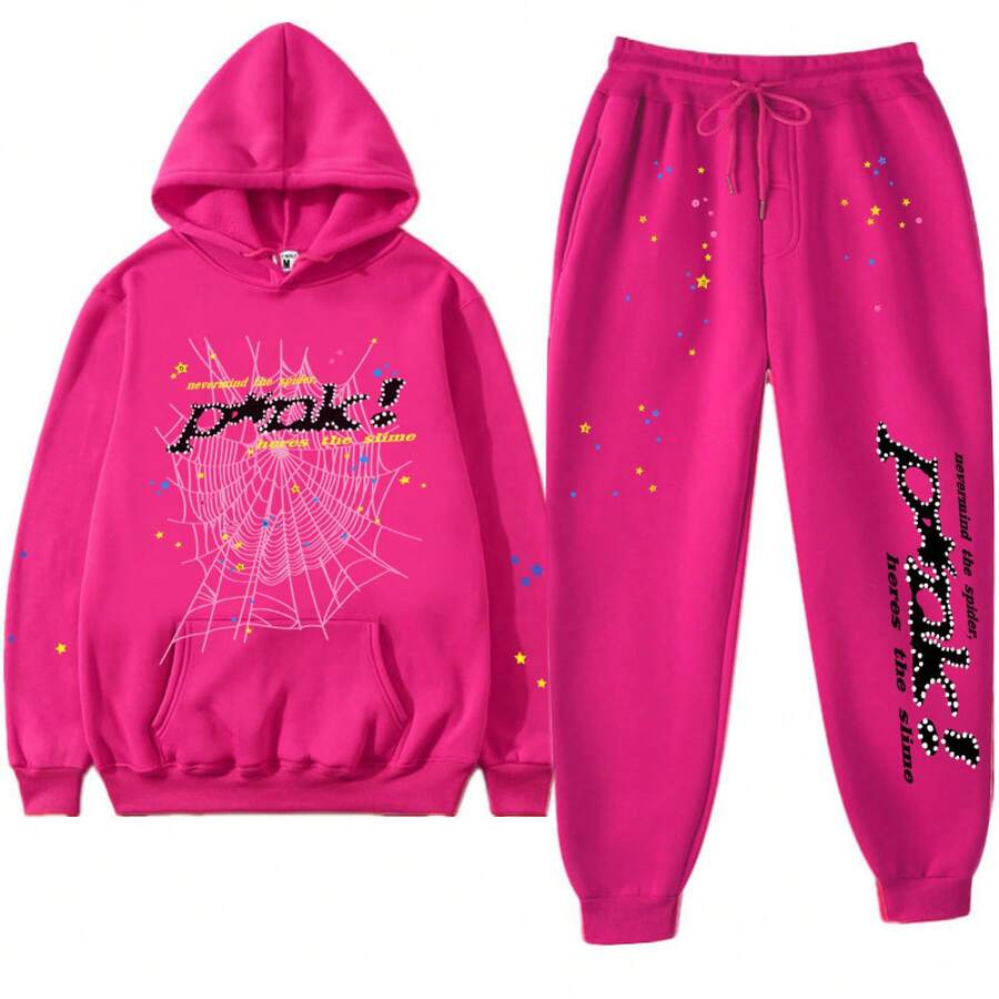 Spider Web 55555 Men's 2025 Graphic Letter Print Sweatshirt & Jogger Pants Set, Oversized Knit Sweater With Cuffed Hem, Casual Streetwear Tracksuit, Y2K Autumn Winter Loungewear - Y玫紅色粉網黑pink - 查看 1