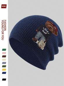 1pc Cartoon Red Hat Teddy Bear Print Fashionable Knitted Beanie Hat, Korean Style Versatile Knit Cap, Soft & Warm Casual Ski Hat, Unisex Autumn/Winter Accessory, Suitable For Skiing, Cycling, Running, Skateboarding, Fitness, Great Gift For Family And Friends On Birthday, Halloween, Christmas - A - View 6