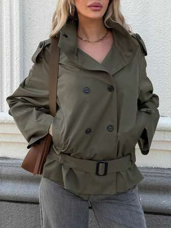 Women's Trench Coat With Large Lapel, Solid Color, Pockets, Double-Breasted, Waist Belt, Collegiate Style Jacket