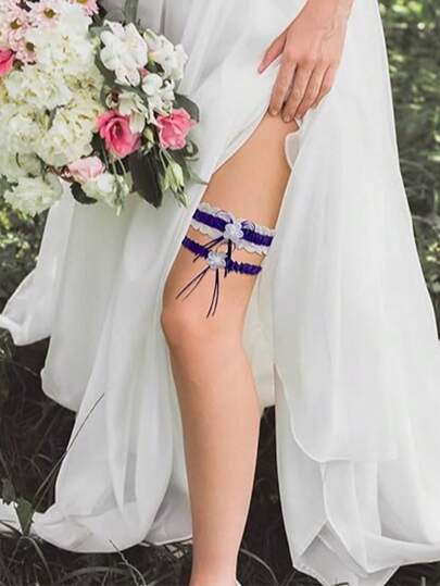 2-częściowe podwiązki ślubne, koronkowe, z perłami, dla panny młodej, do wyrzucenia