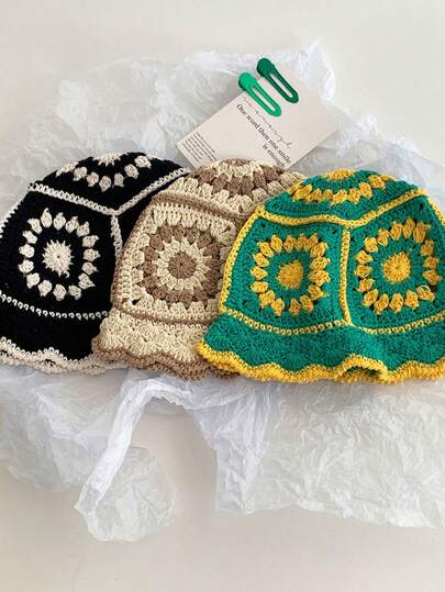 Mũ tai bèo móc thủ công phối màu tương phản, thiết kế tối giản độc đáo, kiểu dáng rủ rỗng, mũ vành nhỏ nghệ thuật dành cho nữ.