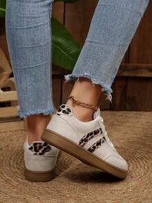 Leopard Print Retro Round Toe Comfortable Casual Lace-Up Sneakers For Girl, Contrast Color Striped - Beige - View 3