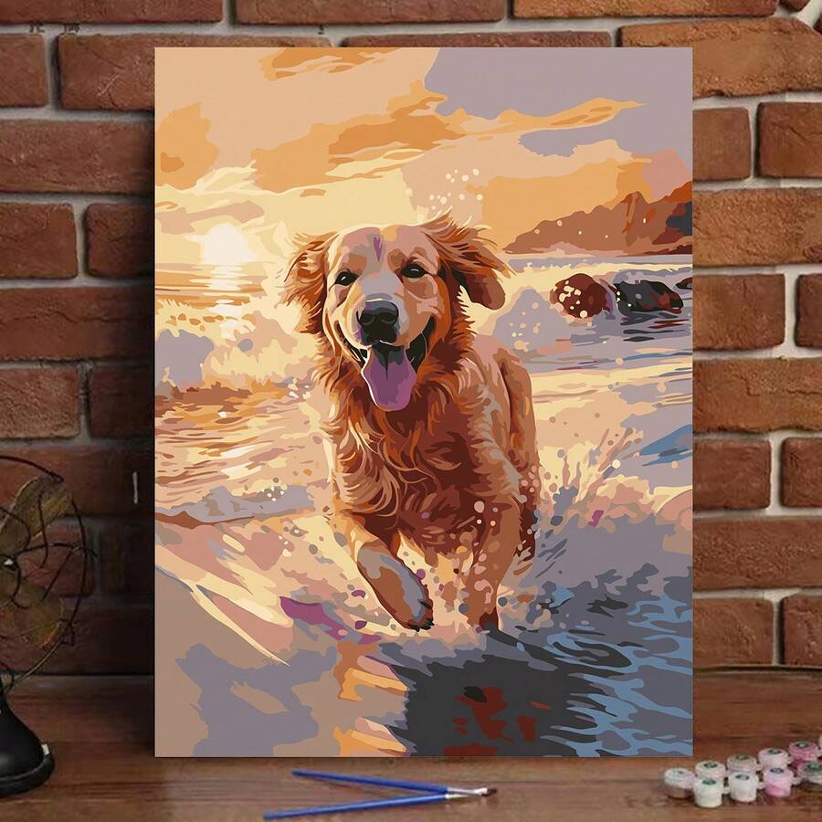 1 Set DIY Digital Oil Painting Kit, Cute Golden Retriever Canvas Painting, Unframed Adult Art Craft, Pet Portrait Wall Decor, Relaxing Hobby Suitable For Stress Relief, Paint By Numbers, Handmade Beginner Painting, Ideal Gift For Friends - Multicolor - View 1
