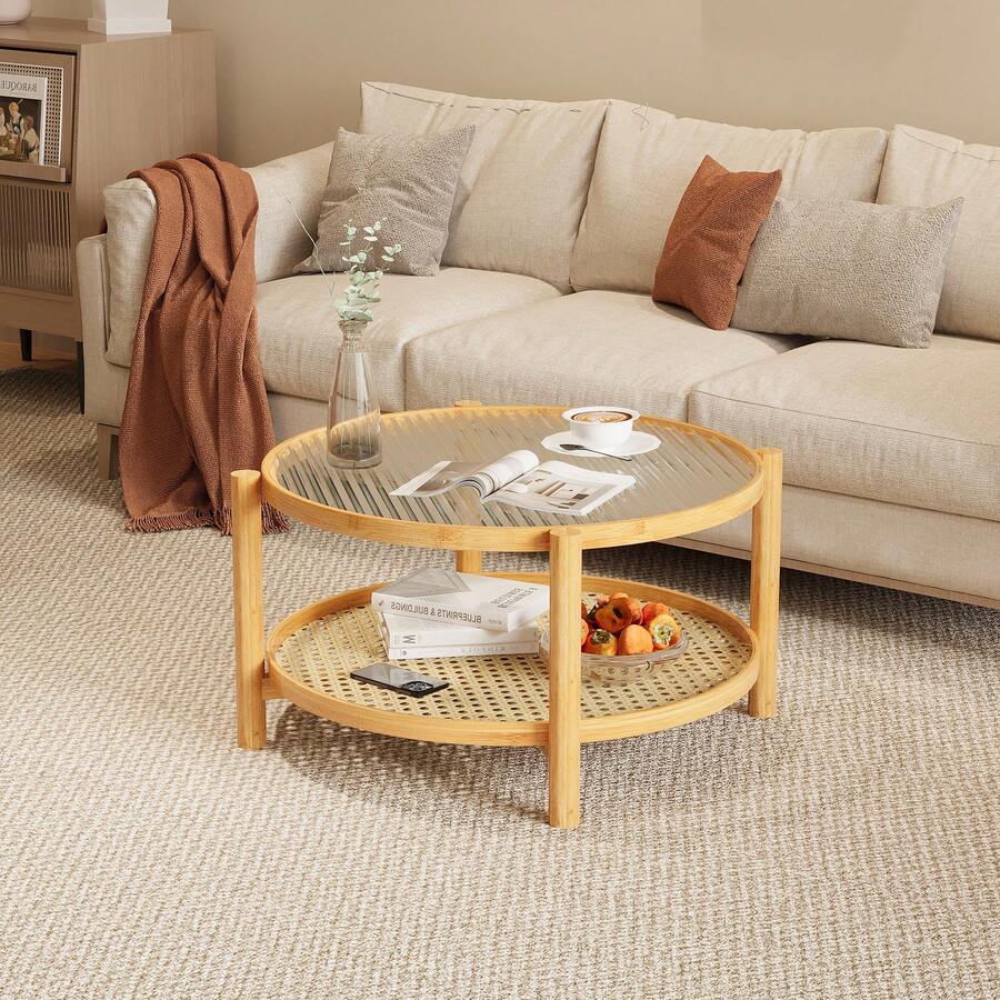 2-Tier Rattan Coffee Table / Modern Round Coffee Table For Living Room / With Glass Top And PVC Rattan Storage Shelf / Suitable For Living Rooms And Offices,Natural - Màu sắc tự nhiên - Xem 1
